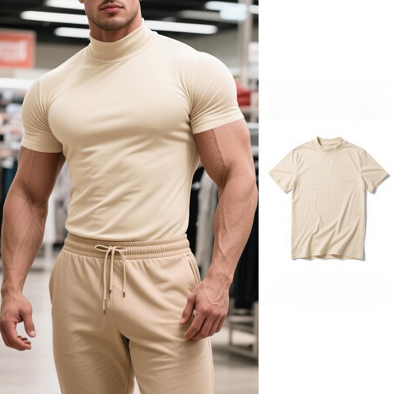 Cloudy and sunny days Zomer Nieuw Heren Casual T-shirt, Een Modieus Semi-hoge Hals Slim Effen Kleur T-shirt M beige