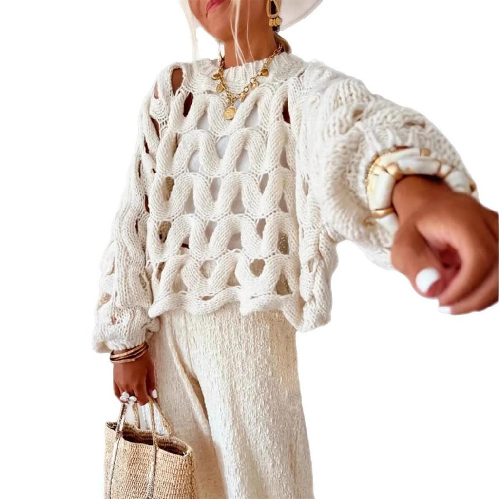 Women's Casual Solid Color Beach Crochet Long Sleeve Sweater Pullover