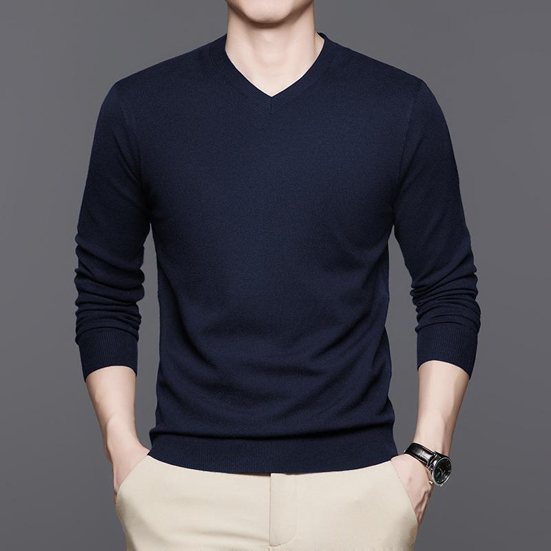 Men's Autumn and Winter Middle-aged Men's Dad Wear V-neck Versatile Solid-color Knitted Sweater Bottoming Shirt