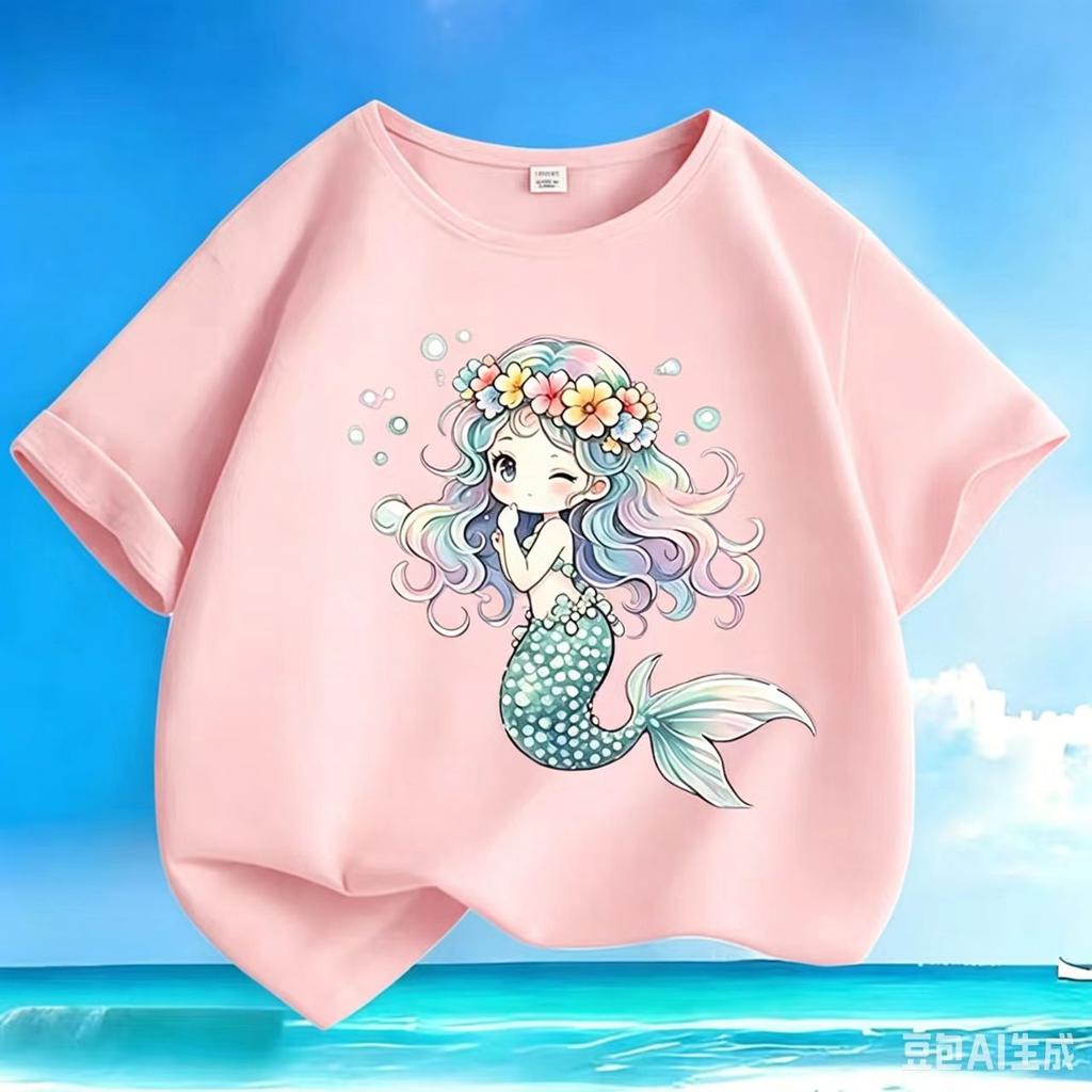 2026 Summer Girls Cartoon Mermaid Print ShortSleeved Tshirt Pure Cotton Comfortable and BreathableGirls HalfSleeve Tshirt