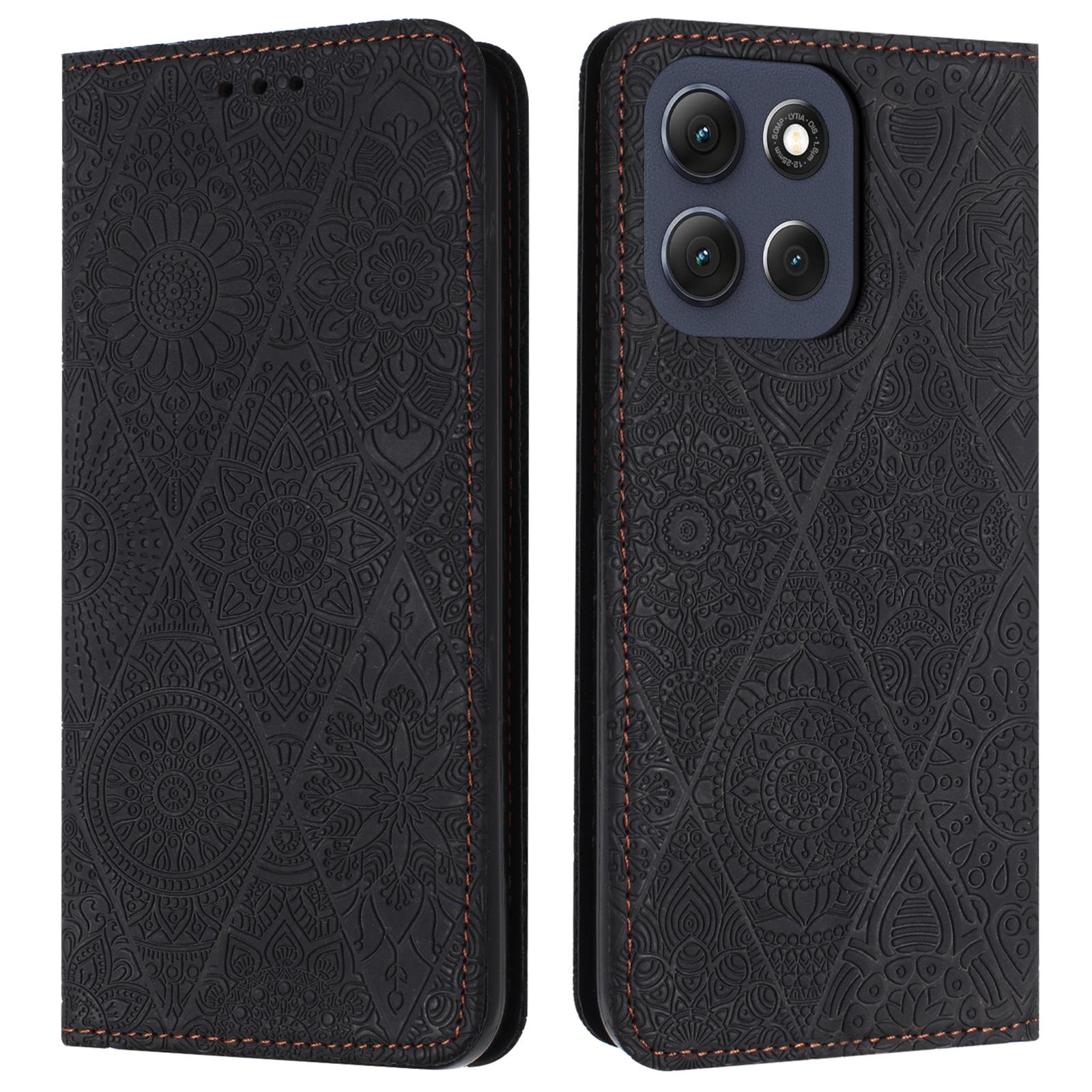 

For Motorola Moto G56 5G Case Imprinted Flower Wallet Stand Leather Phone Cover Black