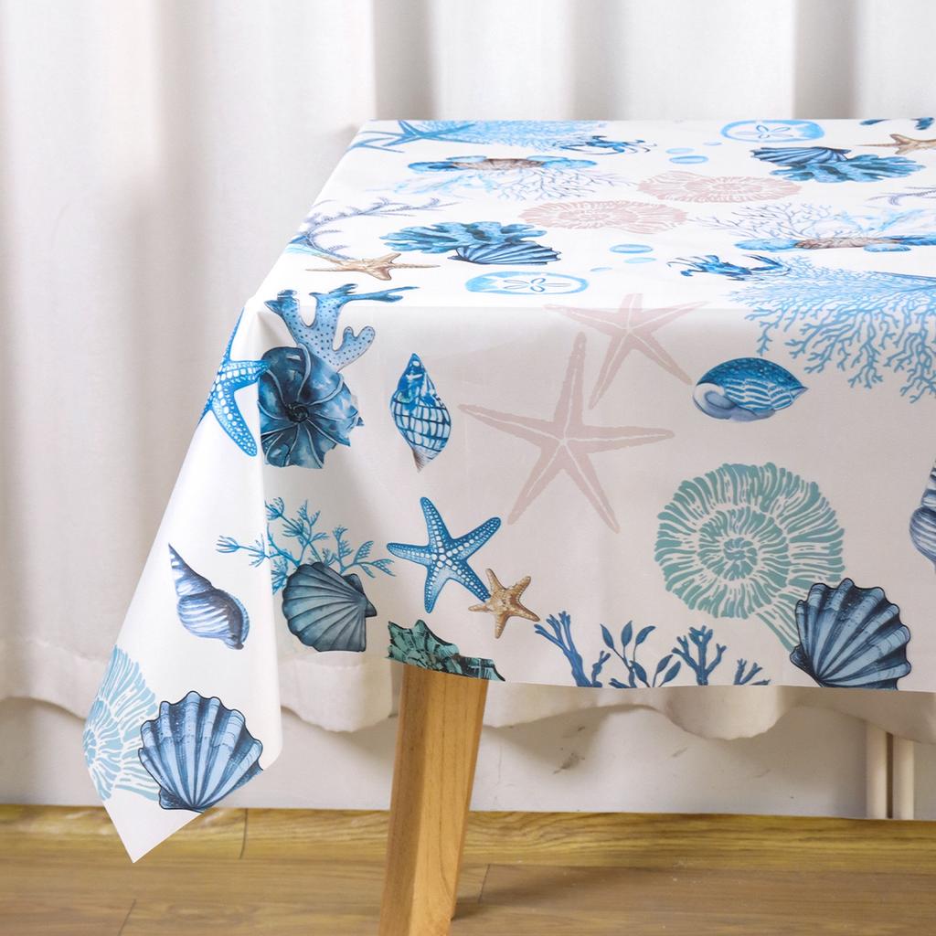 Marine Tablecloth Coral Starfish Design Polyester Table Cover for Ocean Theme Birthday Party Supplies Spring Holiday Table Decor