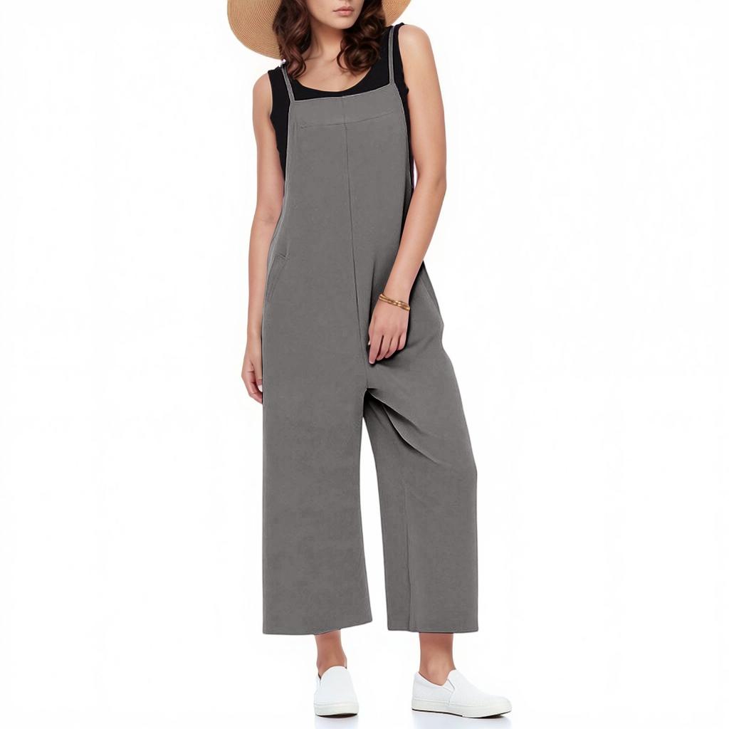 Casual Wide Leg Jumpsuits For Women Solid Color Overalls Rompers Outfits With Pockets