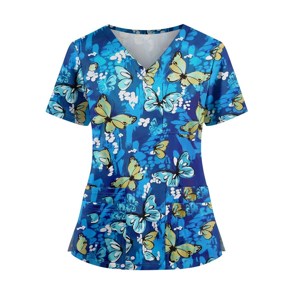 Velká velikost Potištěná srubová pracovní uniforma pro ženy s překříženým výstřihem do V Halloween potisk Zábavná trička s krátkým rukávem Pracovní oblečení Tričko s kapsami