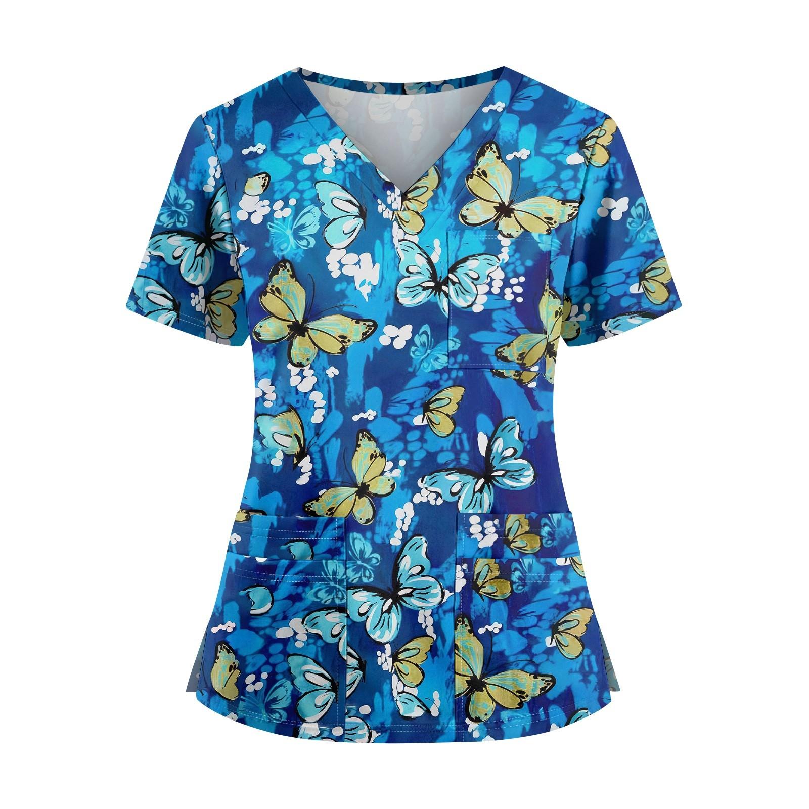 

Плюс размерСкраб с принтом Рабочая форма Топы для женщин Крест V-образным вырезом Хэллоуин Принт с короткими рукавами Забавные футболки Спецодежда Футболка с карманами L синий