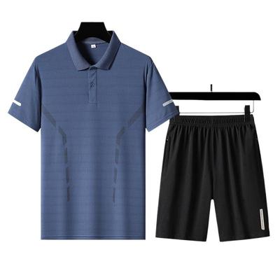 Letní sportovní set z ledového hedvábí Pánský set s krátkým rukávem pro střední věk volnočasový dvoudílný set