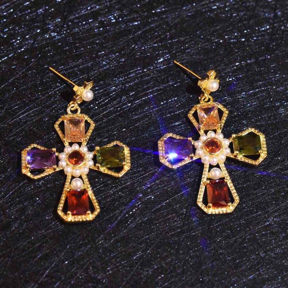

Gold Plated Colorful Zircon Christmas Cross Earrings for Women Trendy European Style Jewelry золотой