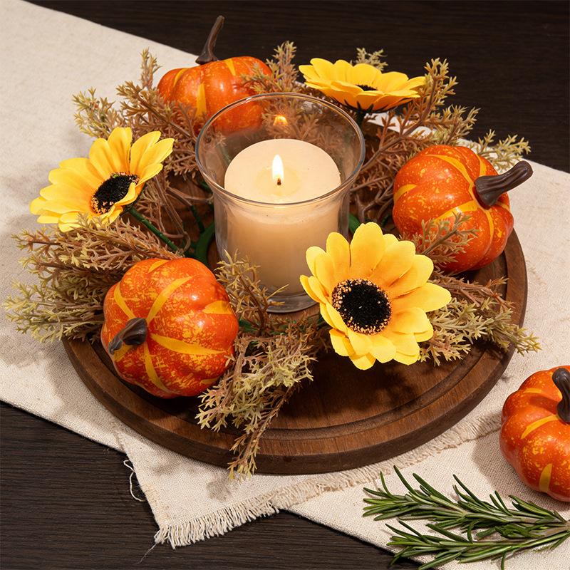 3PCS Harvest Festival Artificial Maple Leaf Candlestick Wreath, Candle Wreath, Photography Props, Home Decor, Party Decorations