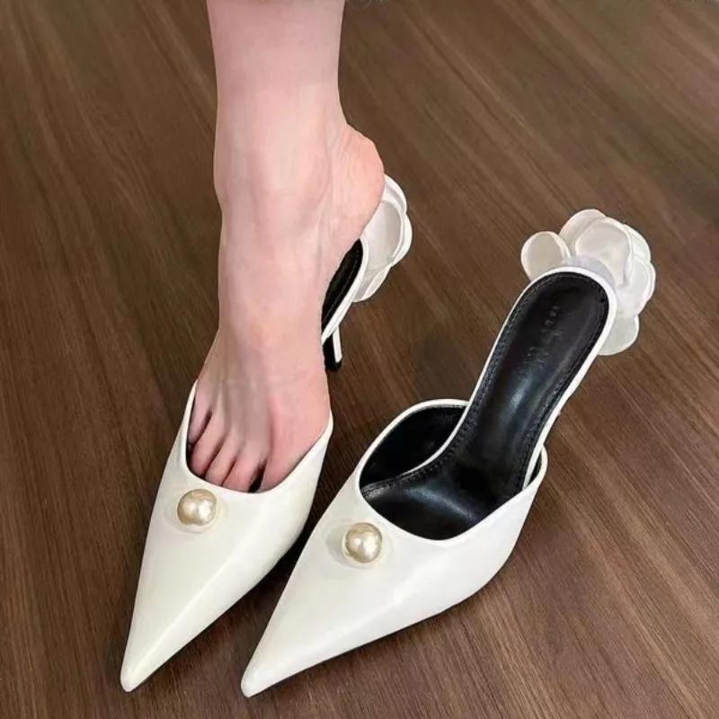 

Autumn New Baotou Slippers Women s Fashion Pointed Shallow Mouth Pearl Anti-slip Wear-resistant High Heels 35 бежевый