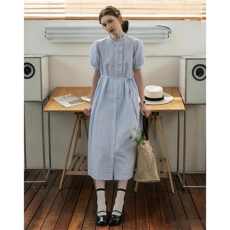 French Romance Striped Ruffle Stand-Up Collar Dress