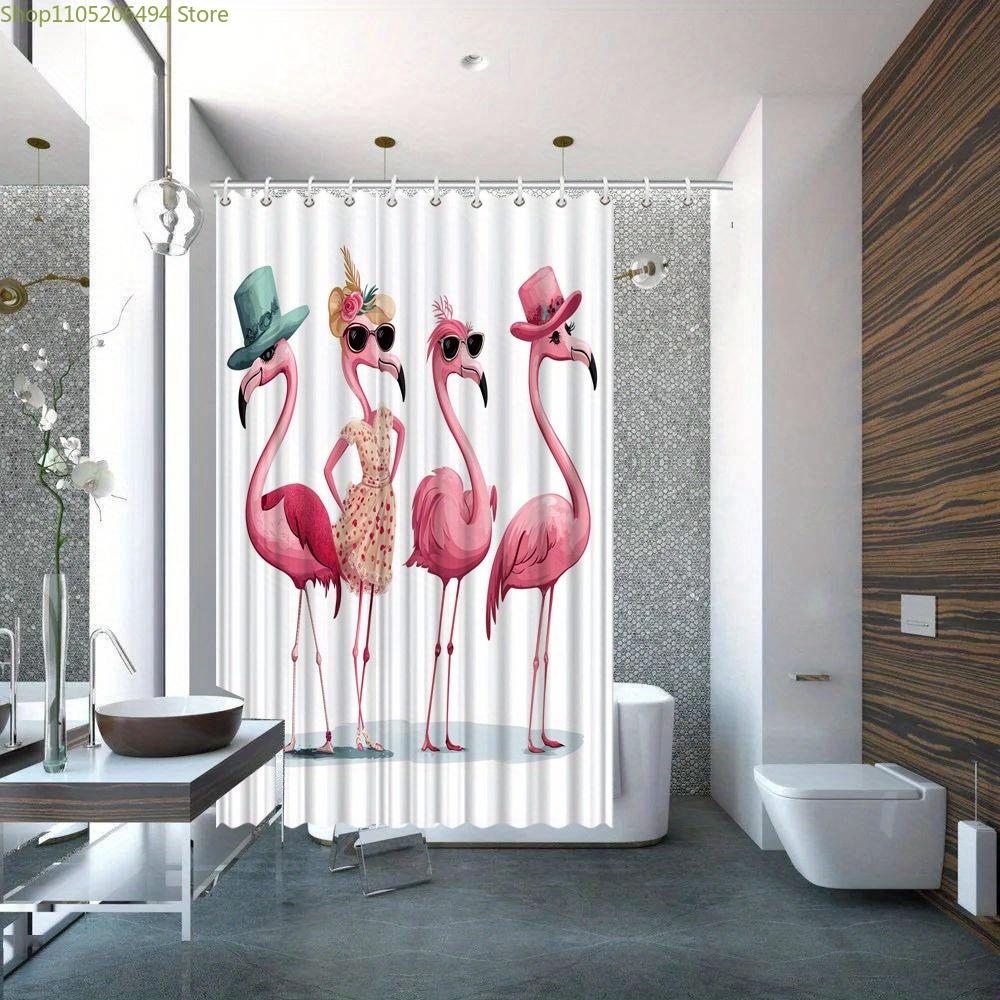 1pc Stylish Flamingo Shower Curtain - Artistic Digital Print with 4 Unique Fashionable Flamingos on White Background, Polyeste