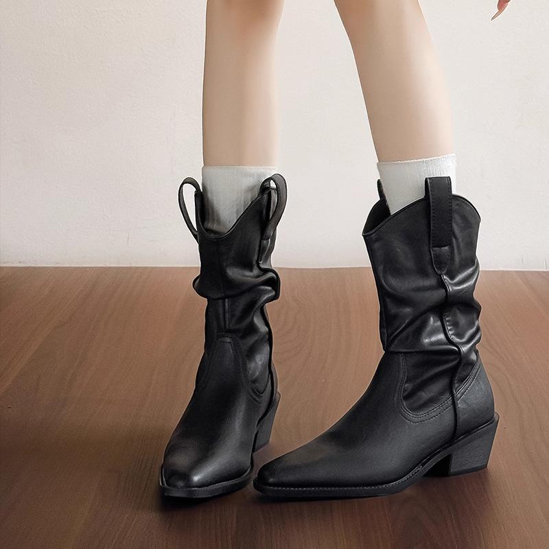 Vintage Western Boots Women's 2025 New Spice Girls Pleated Pants Boots Versatile Skinny Knight Boots Pile Boots Short Boots