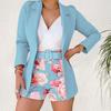 2 Stk./Set Damen Blazer Shorts Set Blumendruck Einfarbig Mantel Lange Ärmel