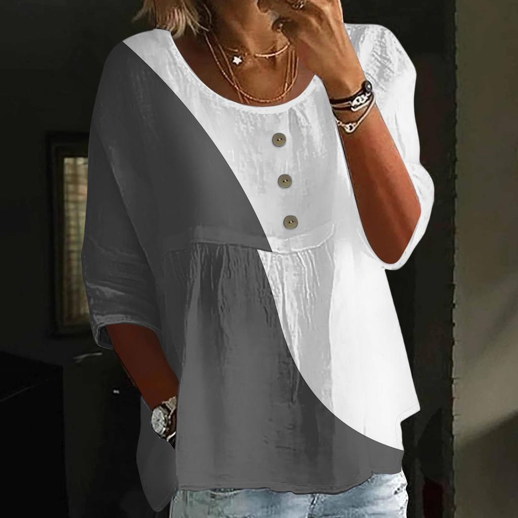 Dámská móda Ležérní tříčtvrteční rukáv Volný kulatý výstřih Knoflík Květinový potisk Top