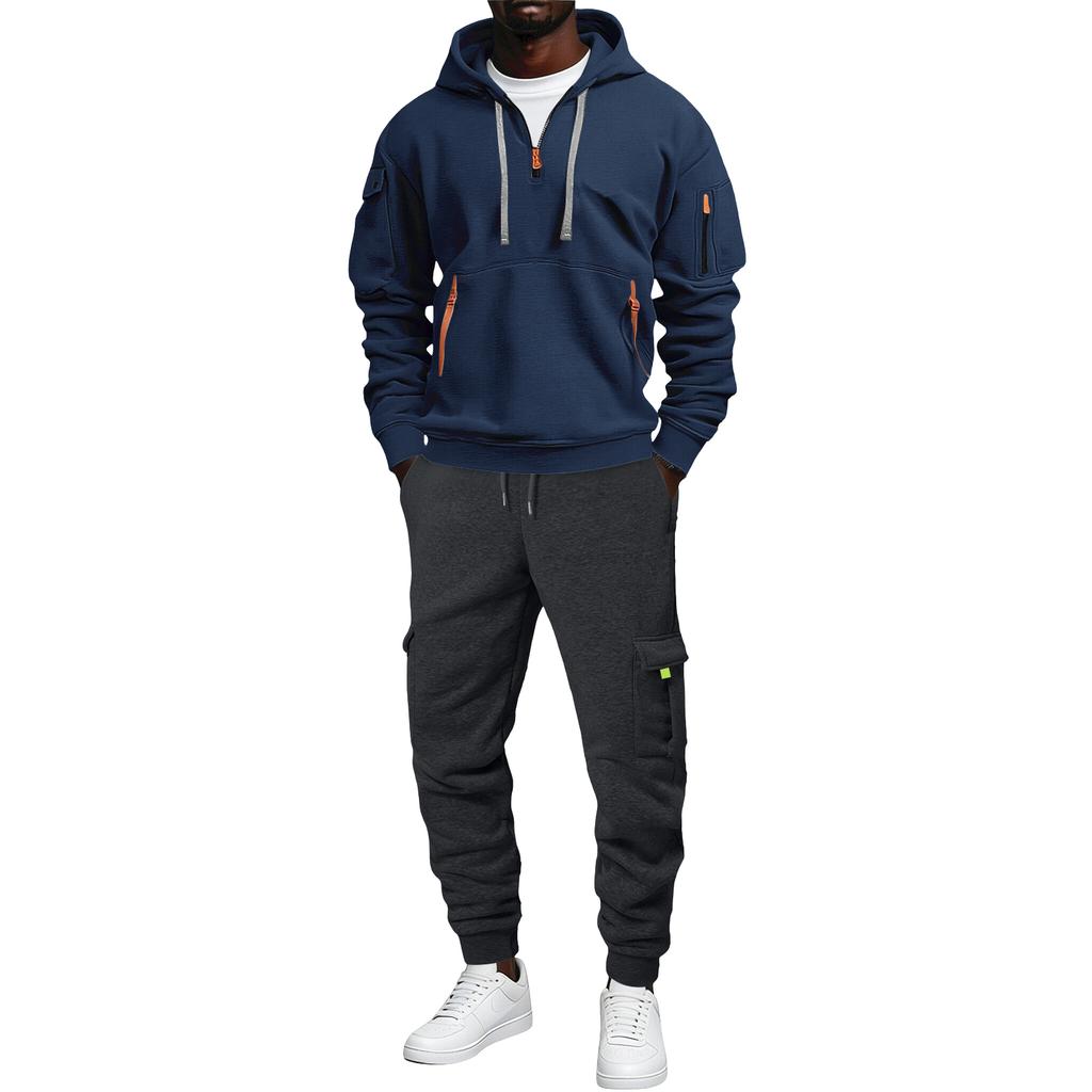 Men's Loose Fit Color Hoodie and Cargo Pants Set with Pockets for Sports and Casual Wear
