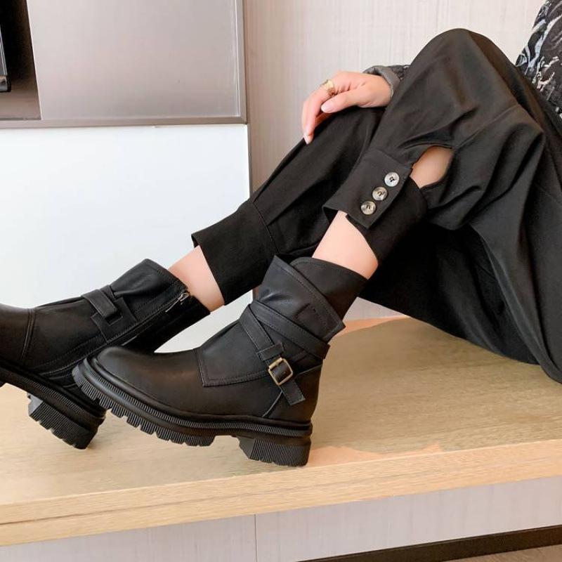 New women's leather boots leather large size women's boots cowhide rubber thick-soled non-slip low boots autumn and winter Martin boots women