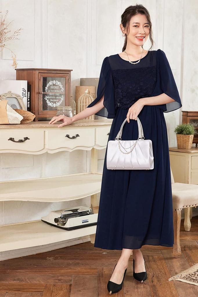 Hanmall Blue Chiffon Party Formal Lace Round Perfect for and Special LON516 Dress, Dress, Embroidered, Flared, 3/4 Sleeves, Neck, Weddings,