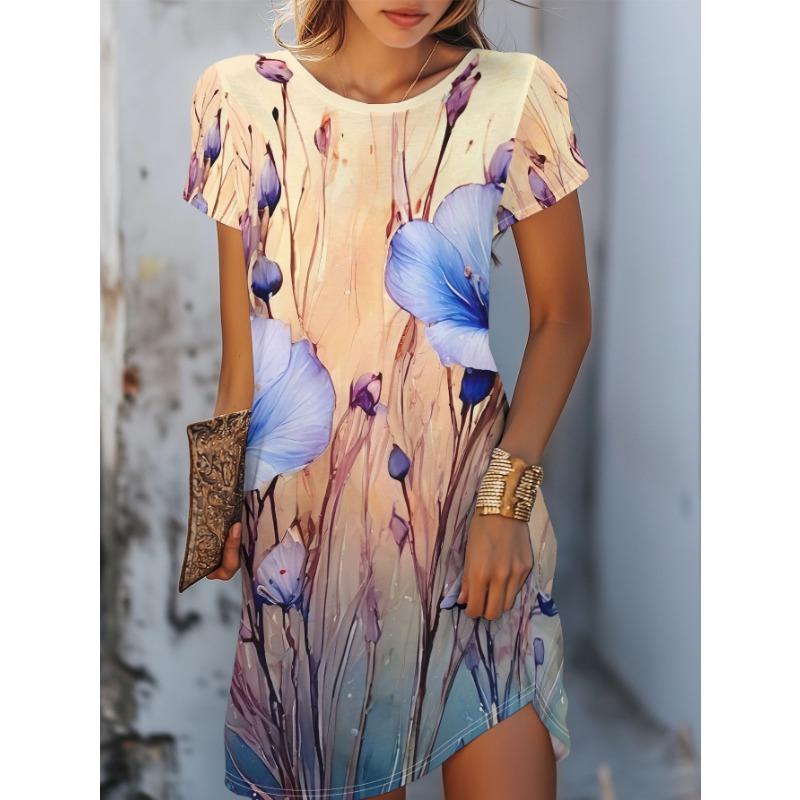 Summer Short Sleeved Dress Loose Casual Plus Size Dress Flower Print Dress Mini Skirt