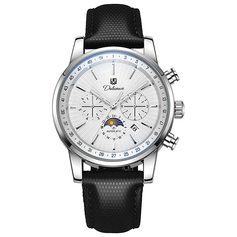 Men Automatic Mechanical Watch Blue Leather Strap Moon Phase Multi-Function Luminous Waterproof Business Sport Male Wrist Watch