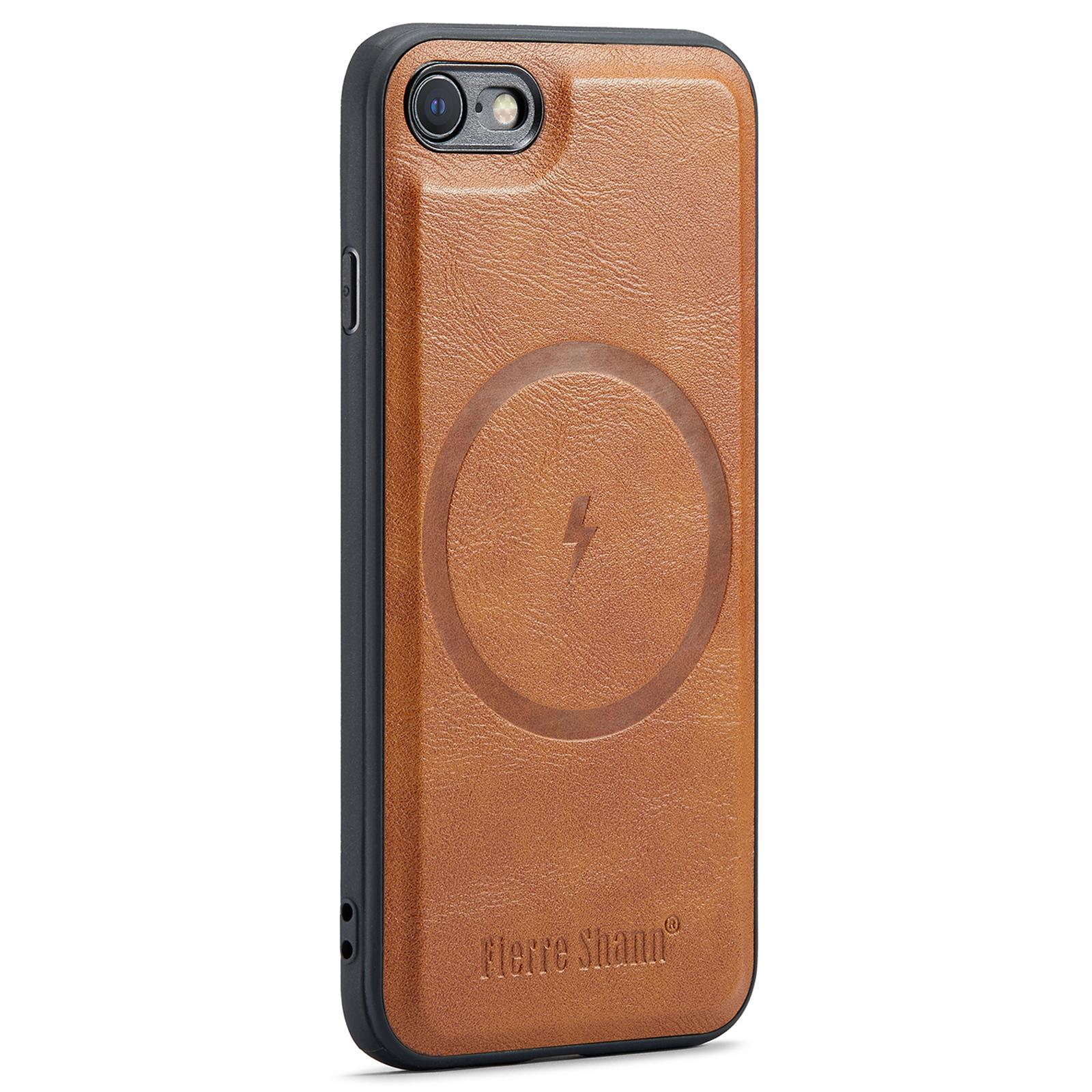 

FIERRE SHANN 025 Style Foriphone 7/8/SE (2020)/(2022) Kickstand Case Magnetic PU+TPU Phone Cover with Card Holder Brown