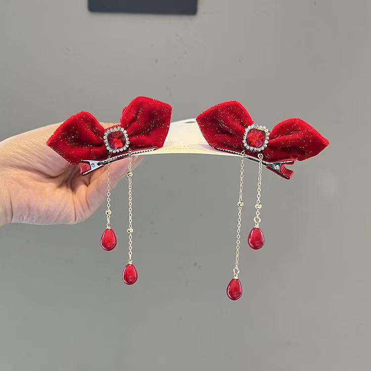 Children's Red Bow Hair Clip - Festive Spring Festival Hanfu Headwear