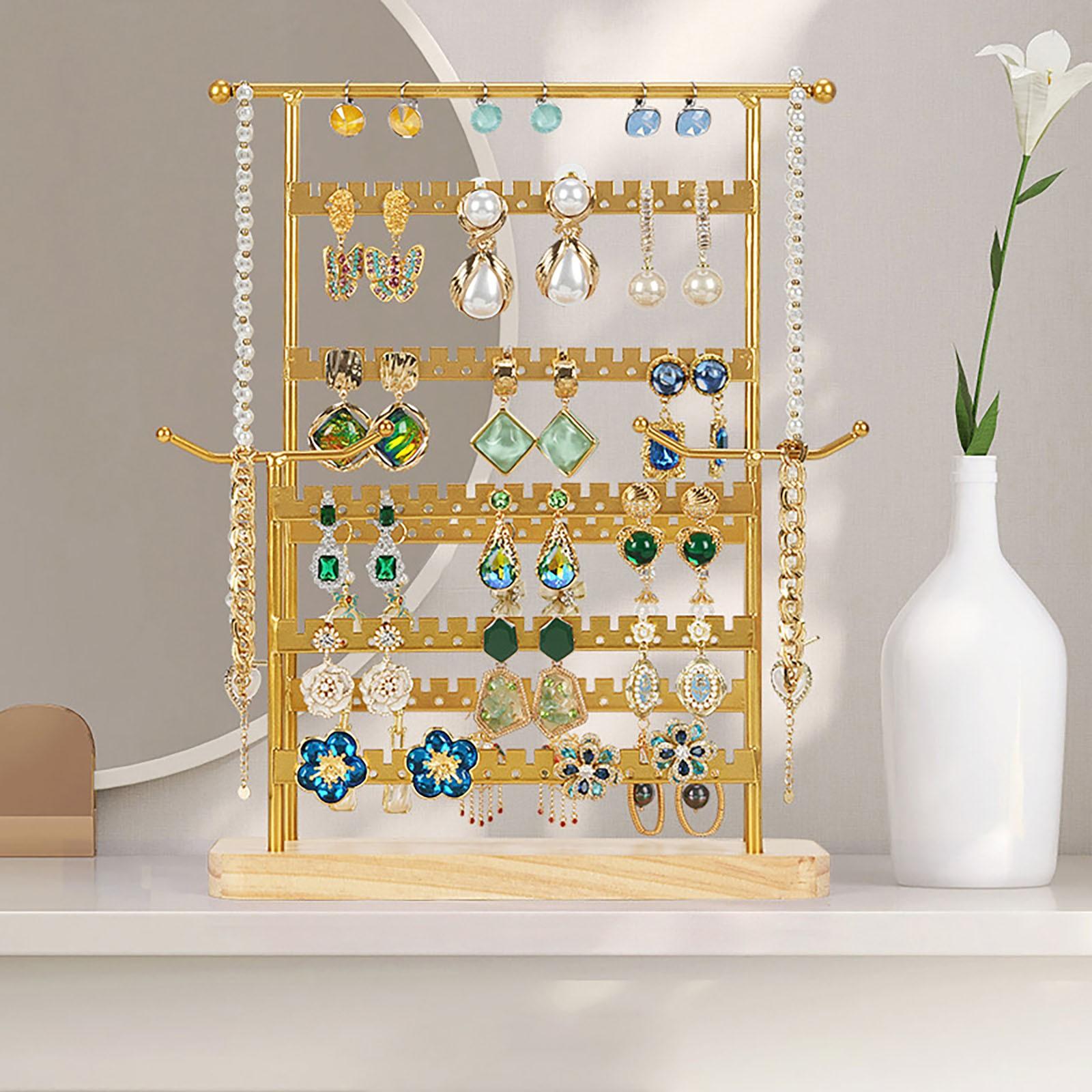 

Adjustable Two-Tier Detachable Jewelry Organizer Stand with Multiple Slots and Hooks on Wooden Base for Necklace Bracelet Earrings Display One Size жёлтый