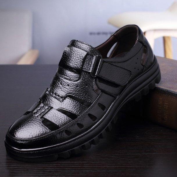 New men's leather sandals hollow breathable non-slip wear-resistant casual Korean version of middle-aged and elderly dad shoes 2025 direct sales