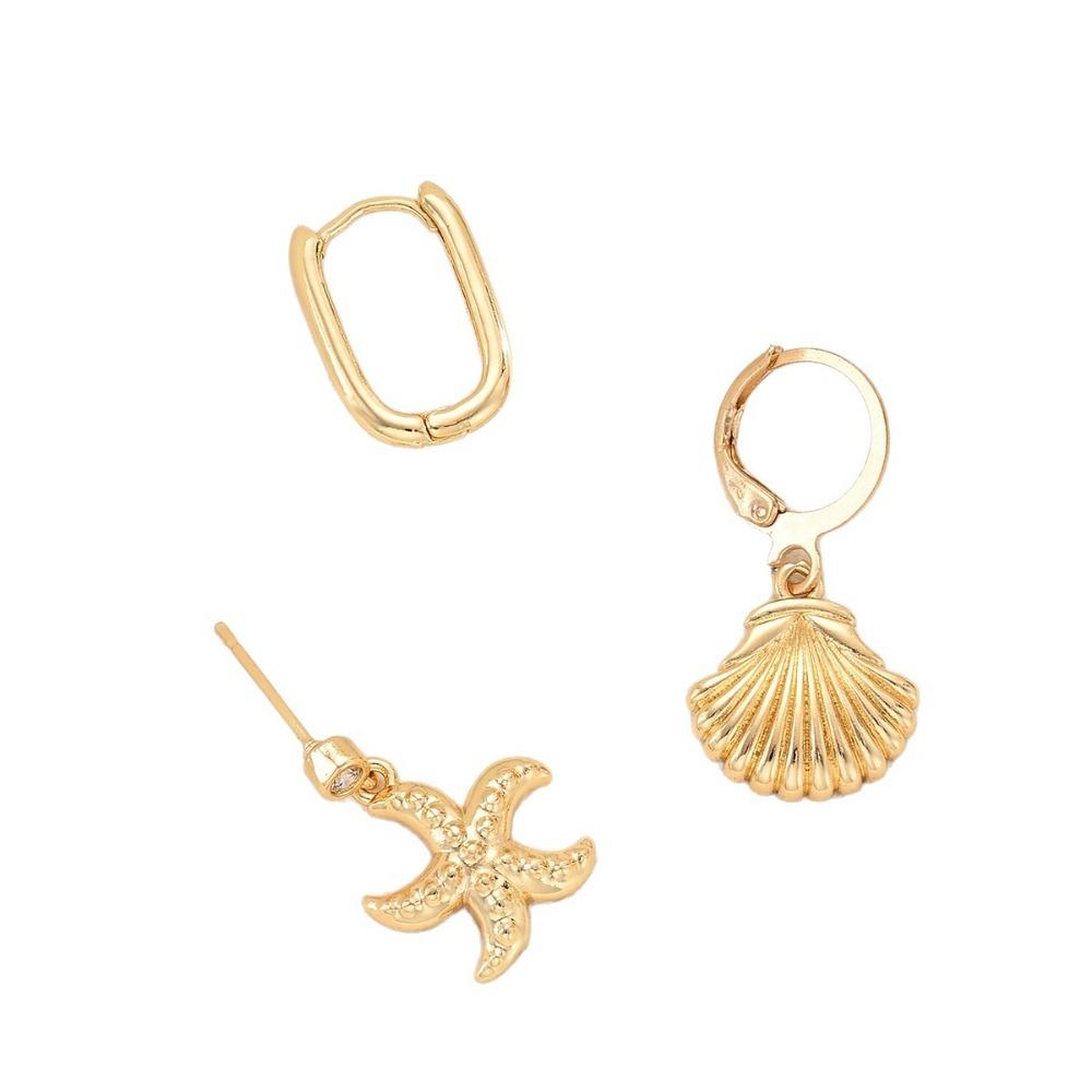 3pcs Set Creative Personality Gold Color Shell Starfish Stud Earrings Geometry Hoop Earrings for Women Beach Casual Jewelry Gift