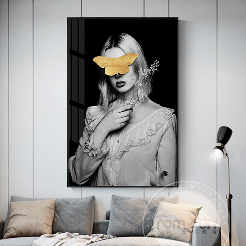Moderní krása se zlatým motýlem nástěnné obrazy do obývacího pokoje Nástěnná dáma s oranžovou čepicí Plakát Obraz na plátně