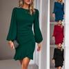 Autumn Winter Solid Knitted Dress Women High Waist Shirring Puff Long Sleeve Sweater Dress Elegant O-neck Office Lady Hip-wrap Dresses 30056