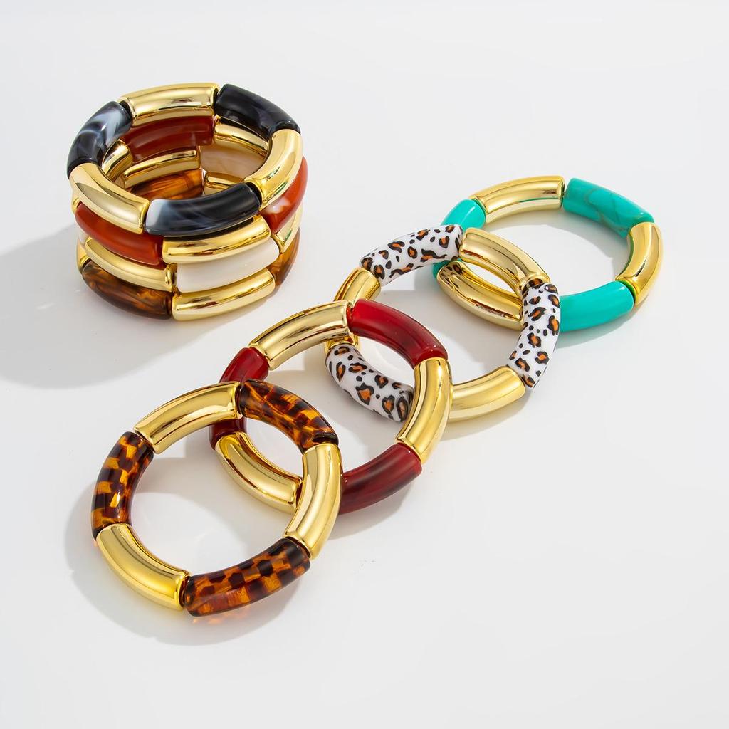 Bamboo Resin Leopard Joint Print Elastic Bracelet With Colorful Patchwork Bent Tube Design