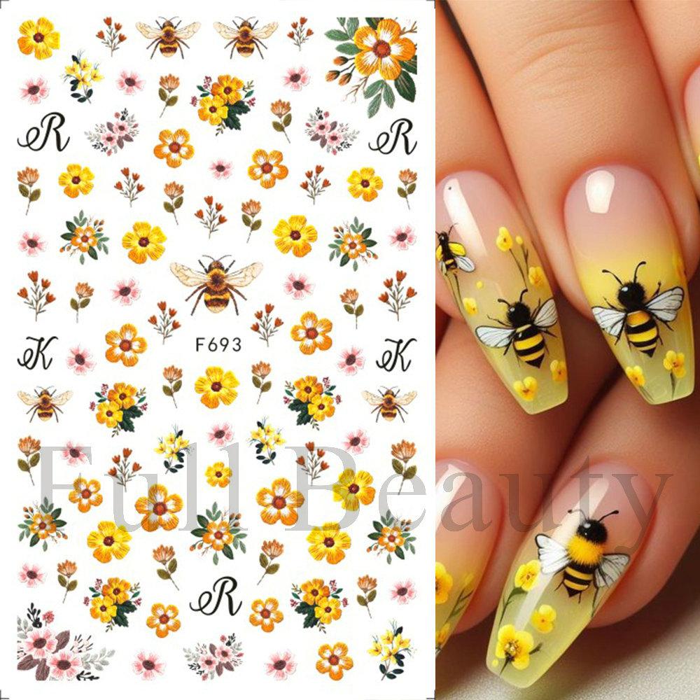 Nail Art Sticker Ins Small Fresh Yellow Flower Bee Chrysanthemum Back Glue Nail Sticker