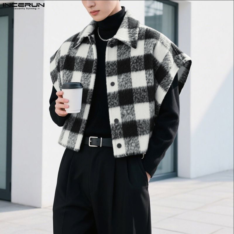 INCERUN Men Sleeveless Plaid Check Furry Casual Loose Cropped Waistcoat Vest