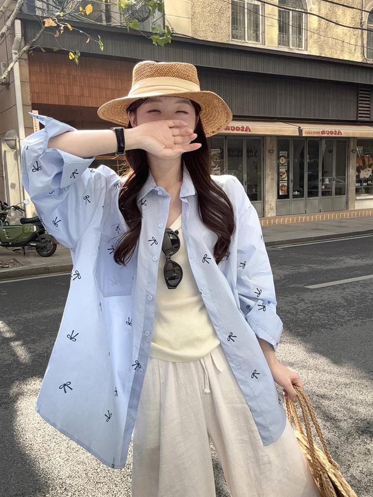 Plus Size Women's Simple Bow Long Sleeve Spring Shirt