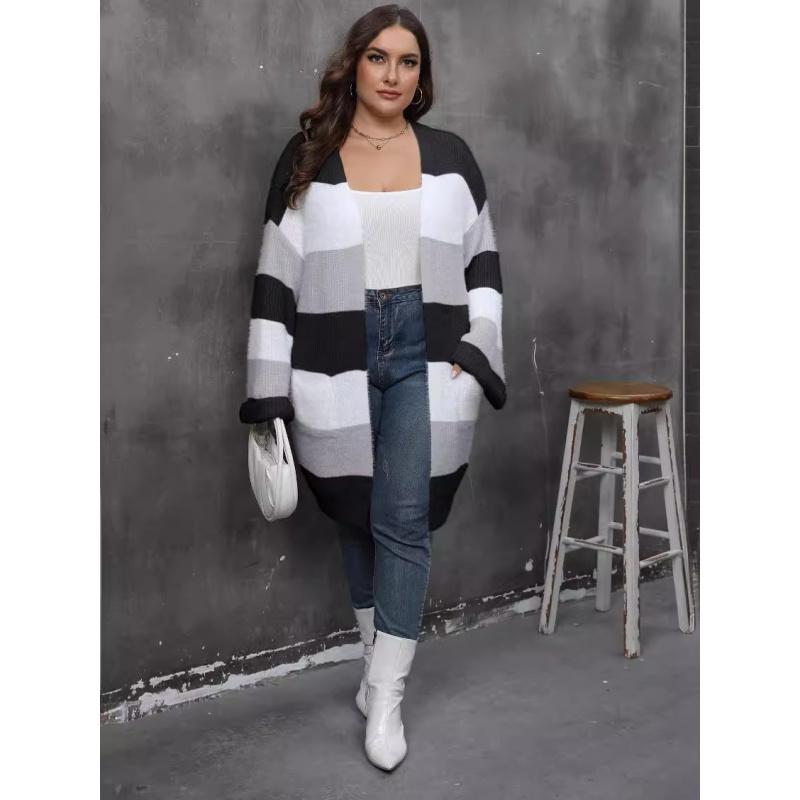 Women's Cardigan Plus Size Color Block Patchwork Woven Sweater Double Pocket Striped Sweater Coat