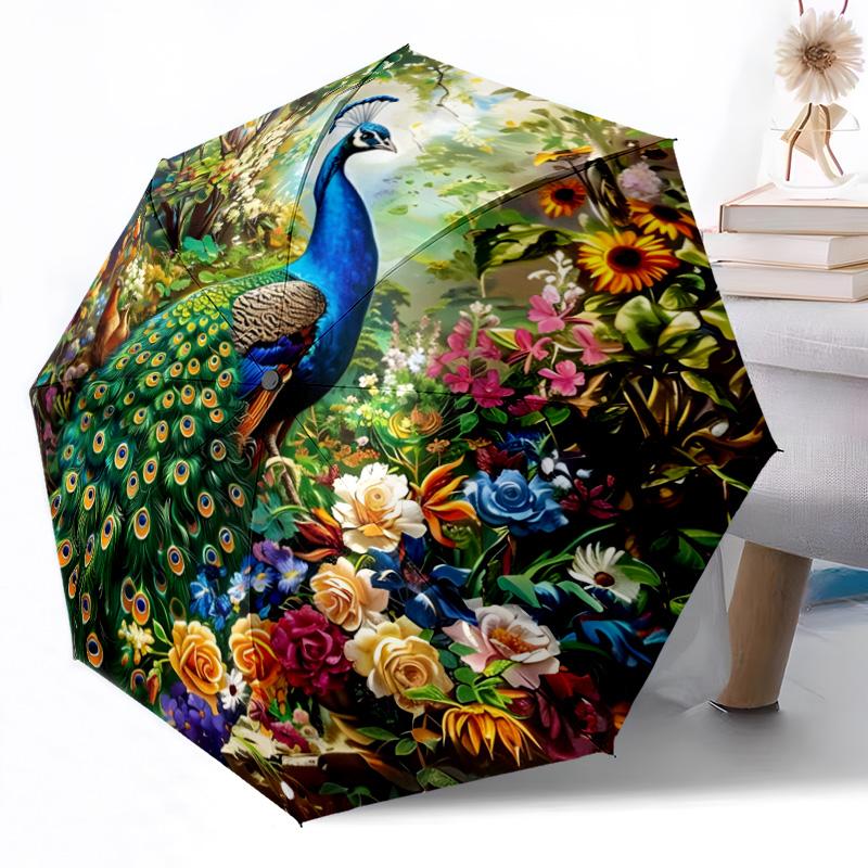 Peacock Elegance In Bloom Compact Travel Automatic Umbrella Folding Umbrella with 8 Ribs Lightweight for Women/Men Compact Folding Umbrella