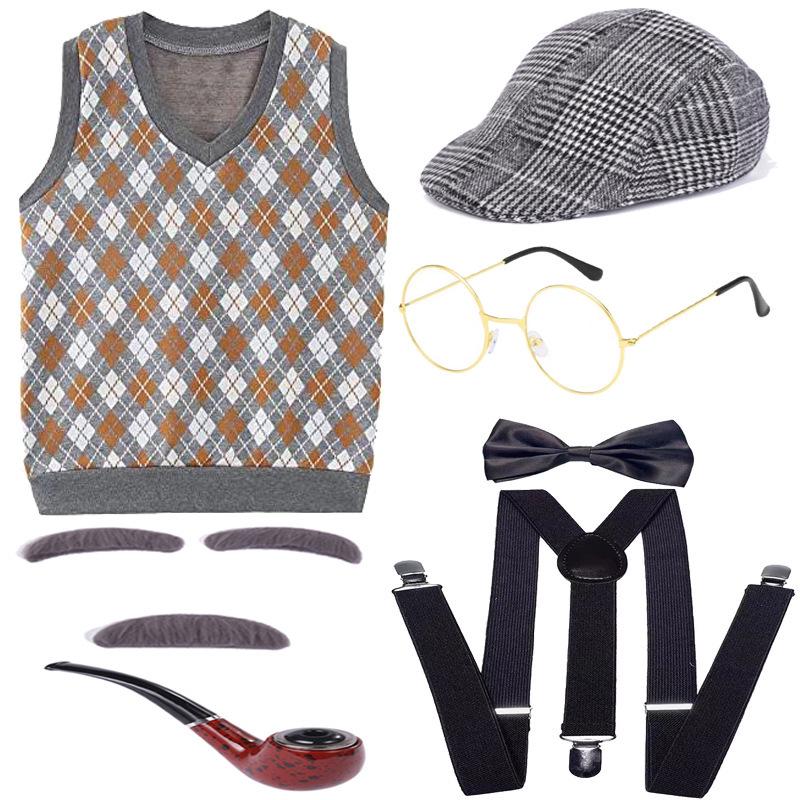 Children's Halloween Grandpa Costume Set with Beard, Scepter, Cigarette Holder, Vest, Bow Tie, and Dress Props for Performances.