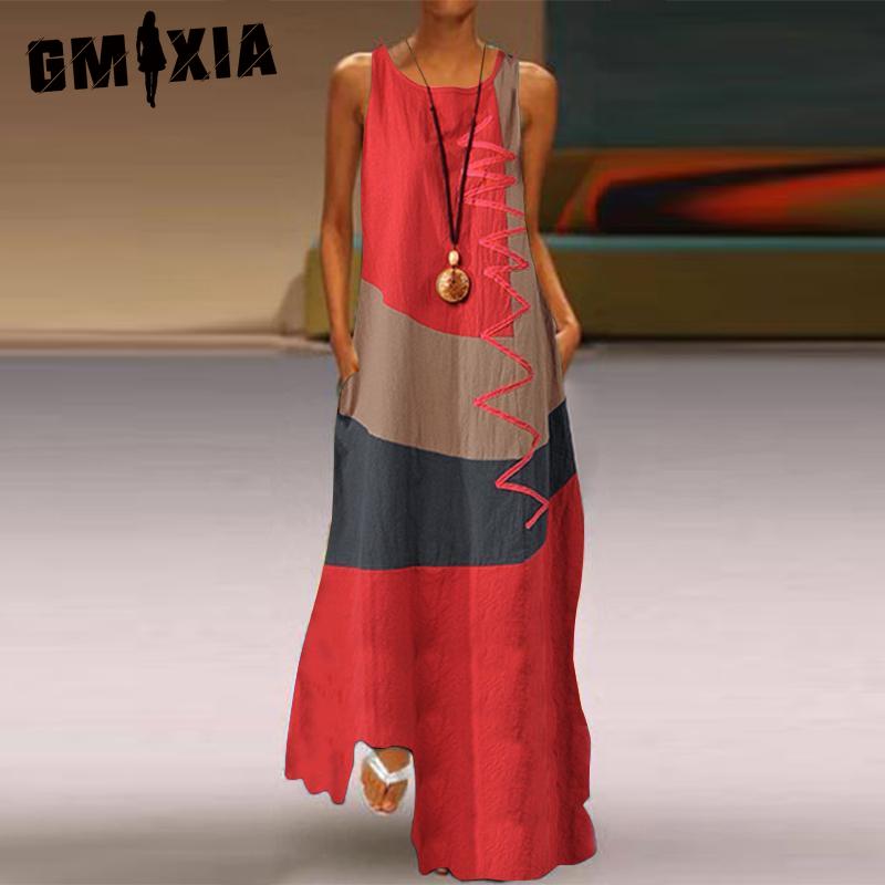 GMXIA Fashionable Long Sleeveless Patchwork Dress 4 Colors Casual Dresses