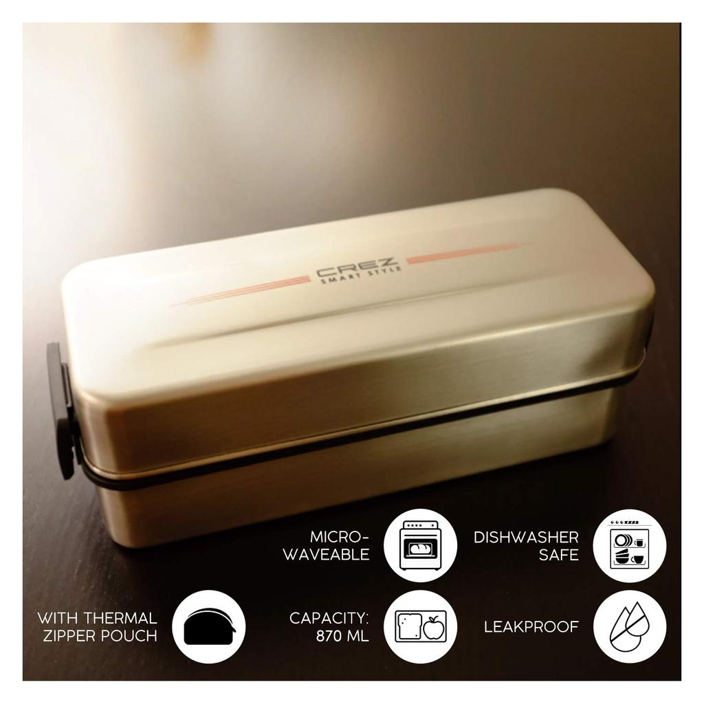 Asvel Krez SS-T870L Stainless Steel 2-Tier Lunch Box with Bag, 870mL, 3610