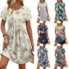 Women's Short Sleeve Floral Print Casual Dress Round Neck Waist Tie Pocket Summer Dress