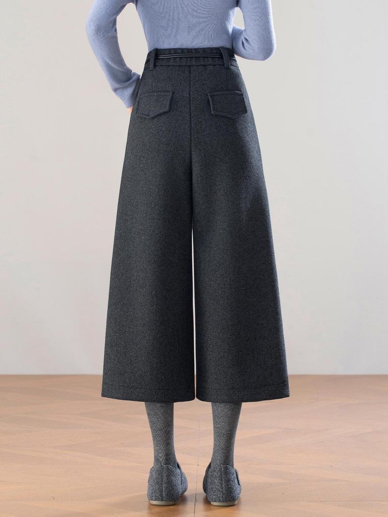 2025 Winter Grau Hochtaillierte Woll-Weitbeinige Cropped-Hose - Damen Petite Schmal Geschnitten Lässig