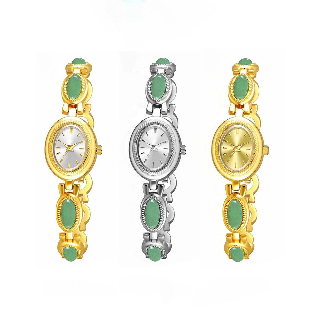 Oval Quartz Waterproof Wristwatch for Women Jade Bracelet Watch