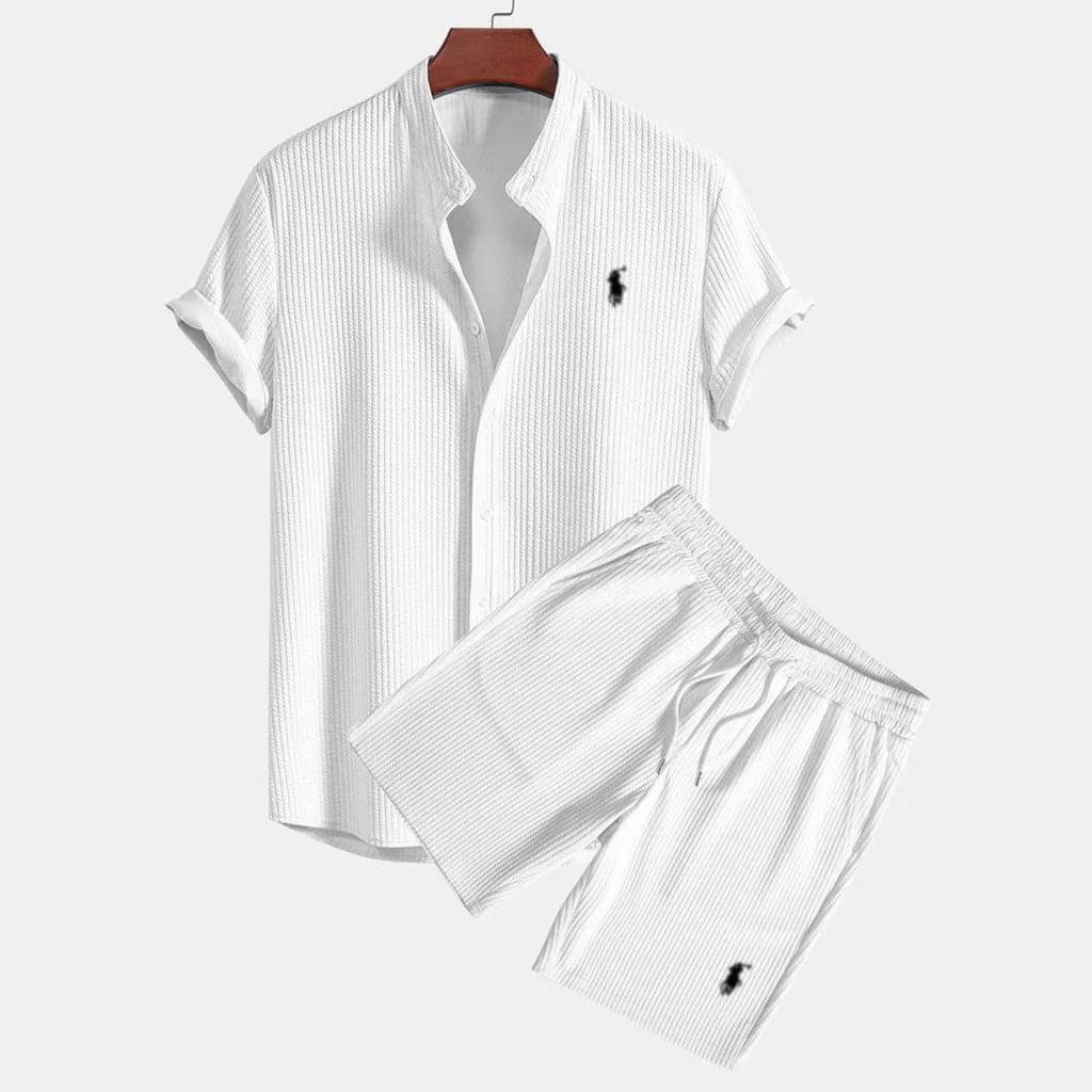 Men's 2025 European & American Summer Casual Embroidered Ice Silk Shorts and Shirt Set