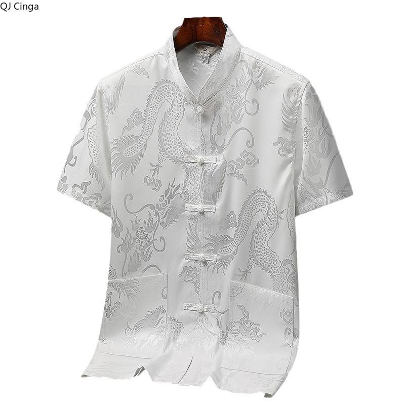 Chinese-style Men Short-sleeved Shirt, Summer Stand-up Collar Single-breasted Shirts, Decorated with Chinese Dragon Patterns.