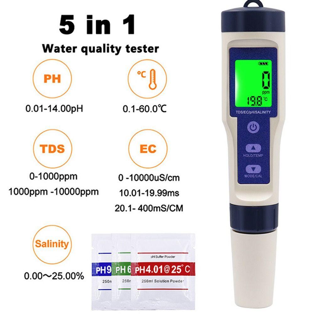 Large Backlit Screen Pool Salt Tester 5 in 1 TDS Water Quality Tester  Drinking Water
