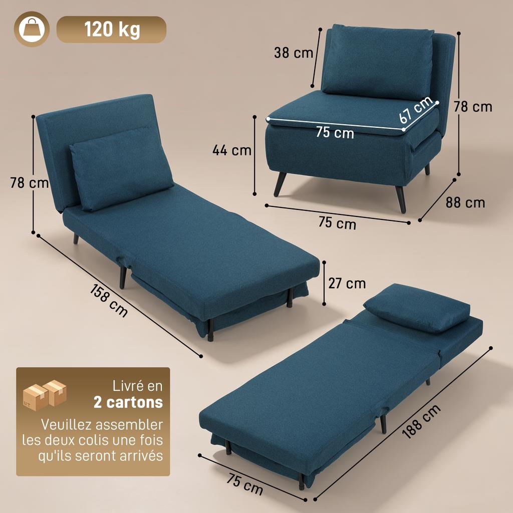 Convertible Armchair, 1-Seat, 3-in-1 Click-Clack, Adjustable Backrest, Pillow, Blue