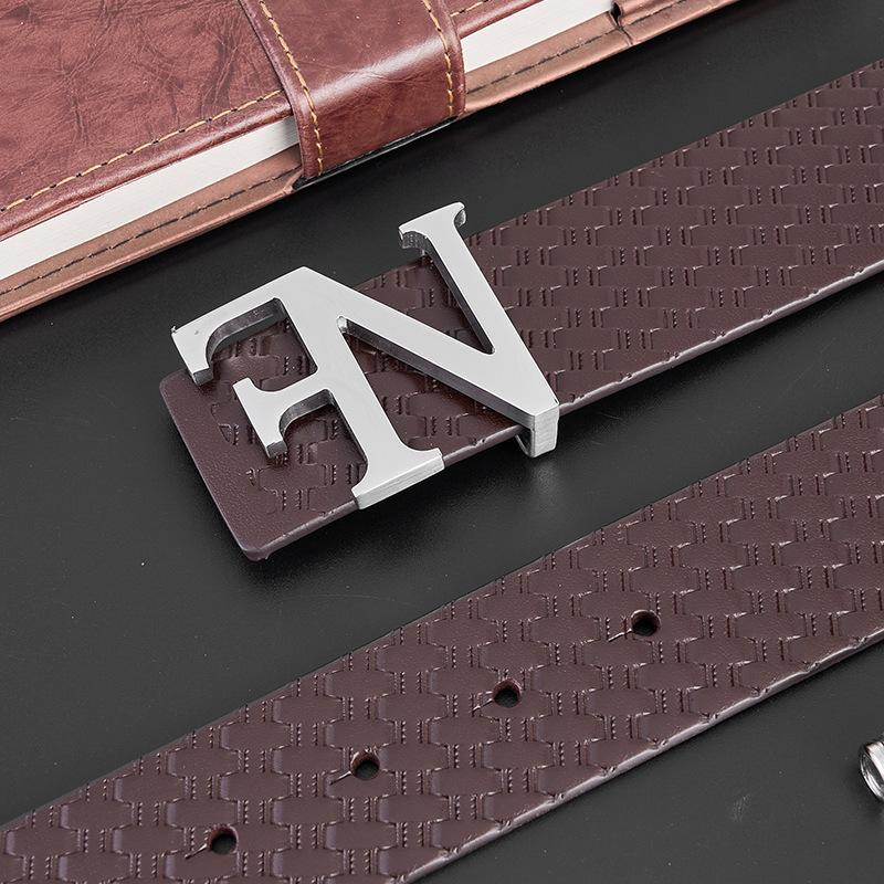 New High End Stainless Steel Letter Belt Genuine Leather Men's Braided Head Layer Cowhide Business Pants Belt Hanging Buckle