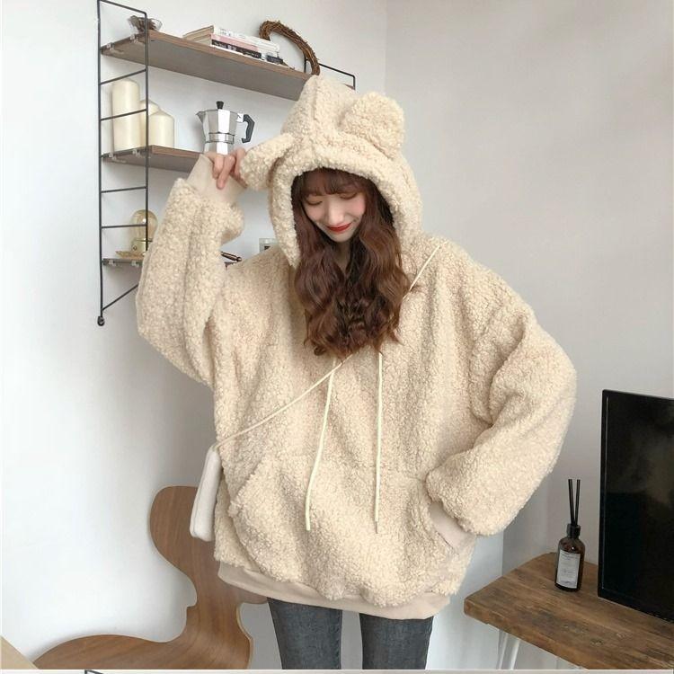 Winter Lamb Plush Coat Women's Teddy Bear Hoodie Women's Loose Jacket Women's College Style with Thickened Fleece