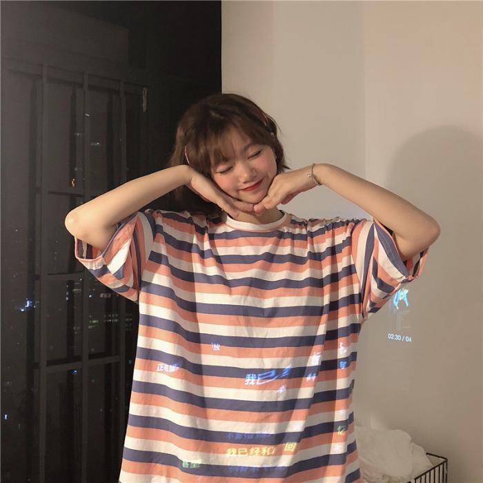 Summer Women's Colorful Stripes Casual Loose Short Sleeve Female T-shirt Y2k Tops Tees Women 90s T-shirts Harajuku Women T Shirt