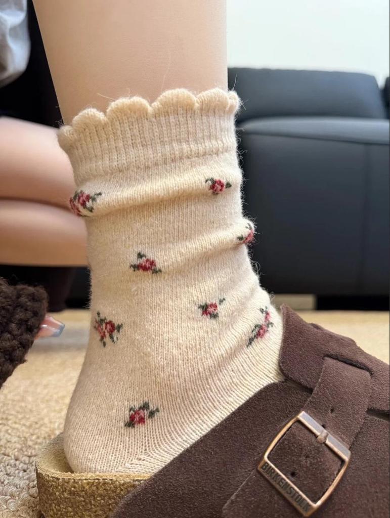 Coffee Floral Vintage Wool Socks - Women's Mid-Calf, Thick Warm for Autumn/Winter, Dark Gray Slouch for Snow Boots
